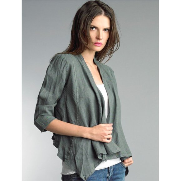 Tempo Paris 100% Linen Green Lagenlook Open Front Cardigan Jacket S